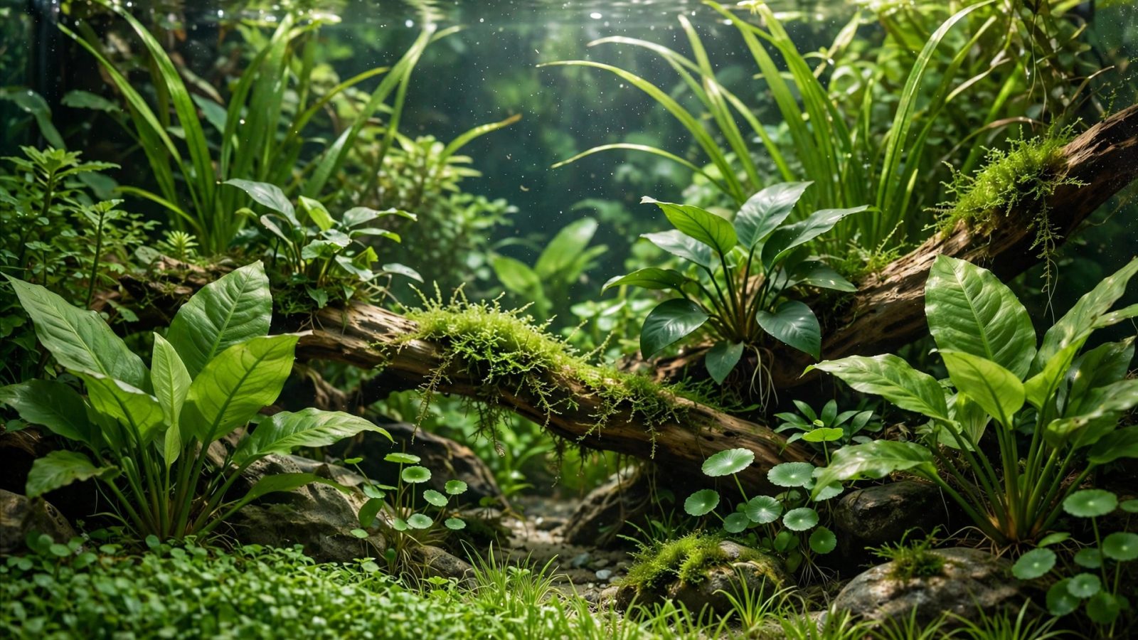 Young aquarium plants in clear water with soft light, newly planted stems adjusting to tank conditions