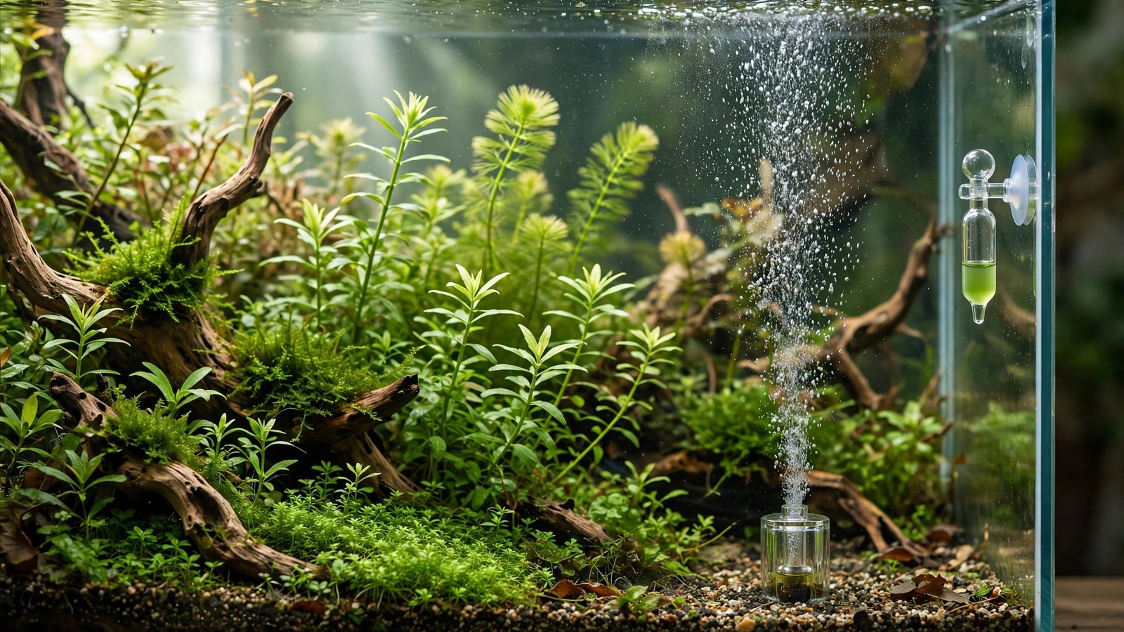 CO2 diffuser releasing fine mist bubbles in a planted aquarium