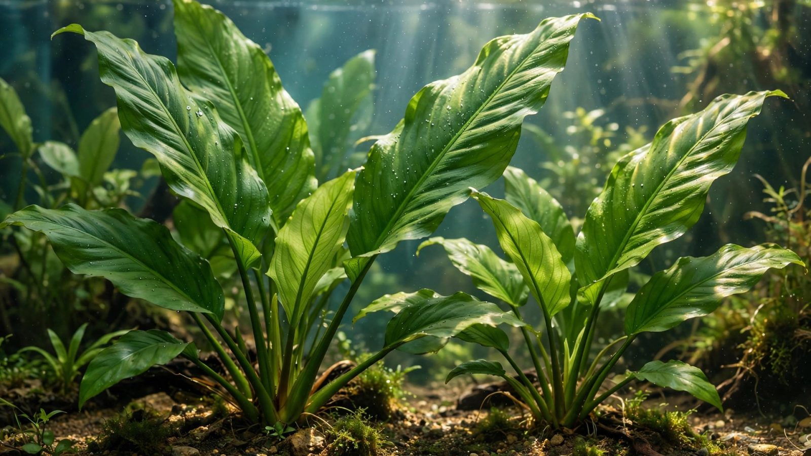 Large Amazon sword plants with long broad green leaves in a planted aquarium