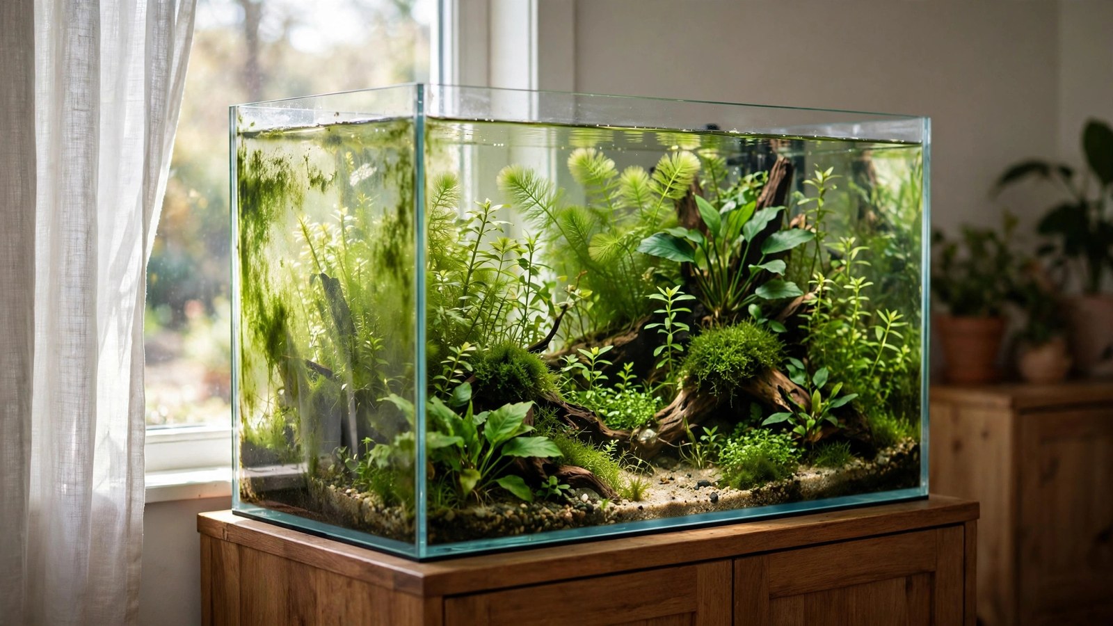 Sunlit living room with planted aquarium near a bright window