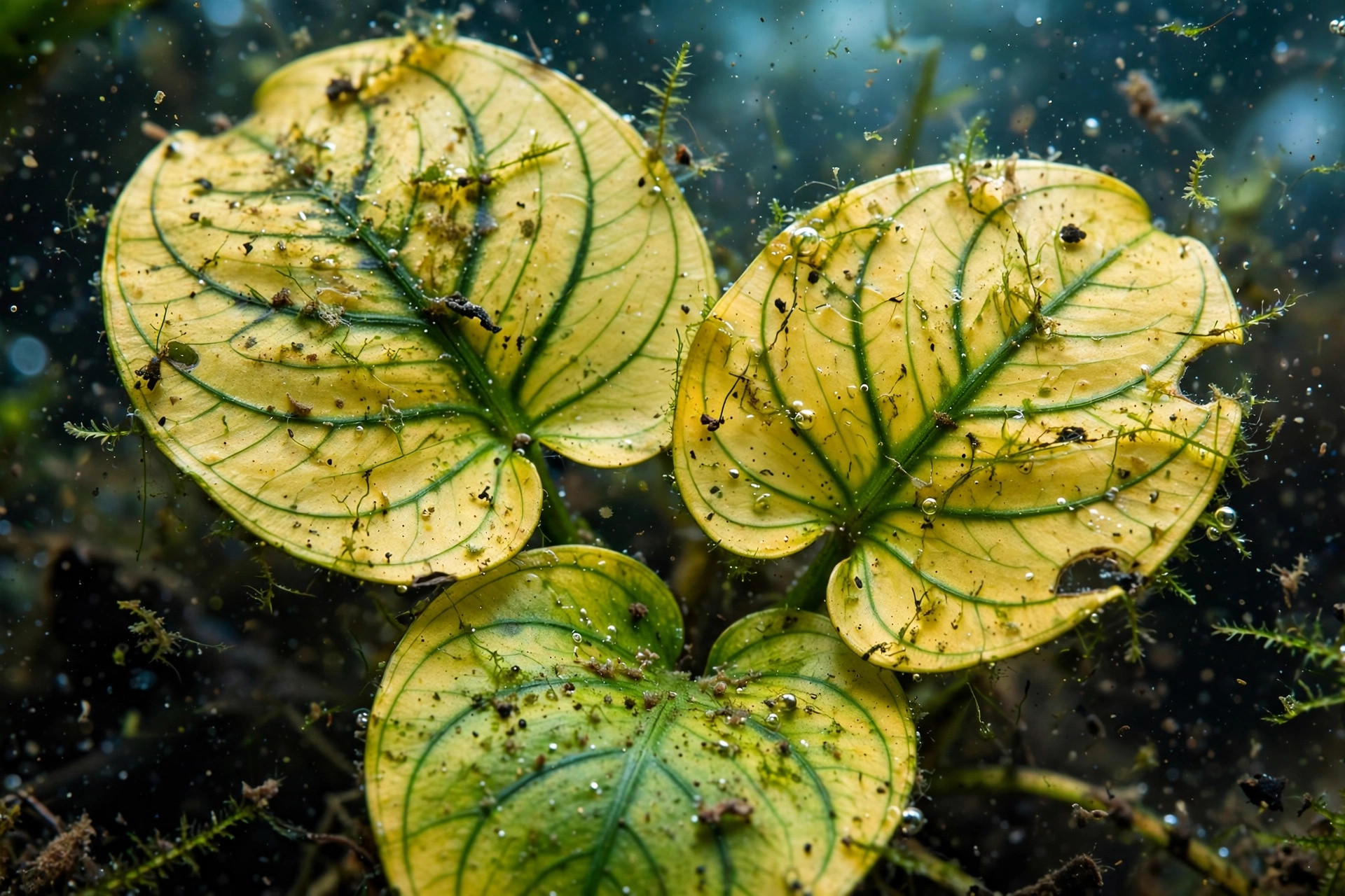 Anubias plant with yellowing leaves showing nutrient deficiency signs