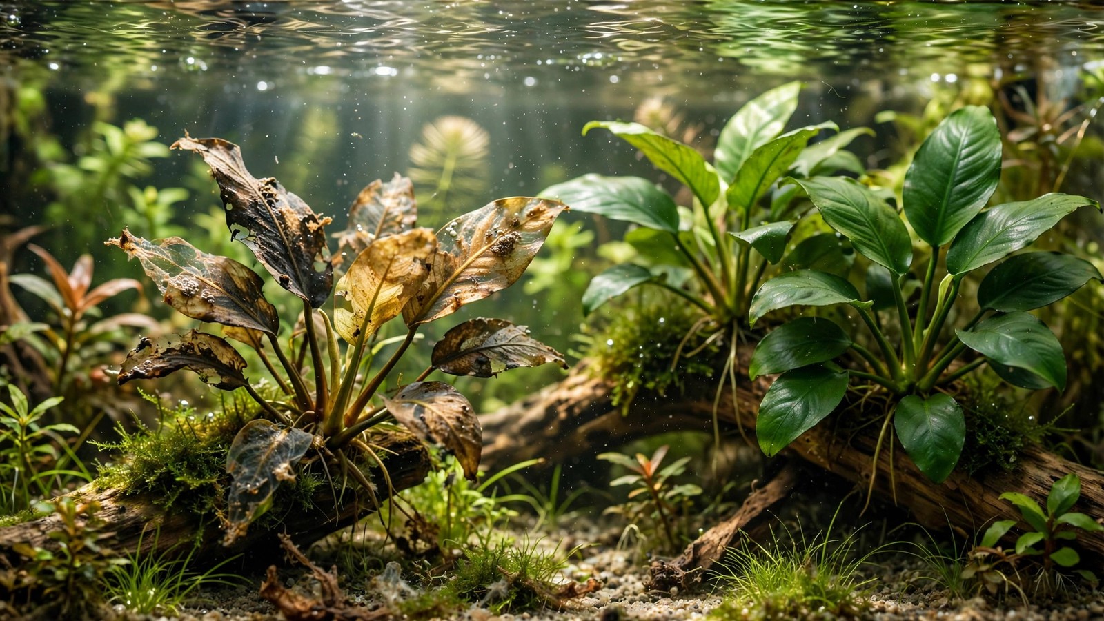 Melting anubias plant with yellowing leaves in aquarium