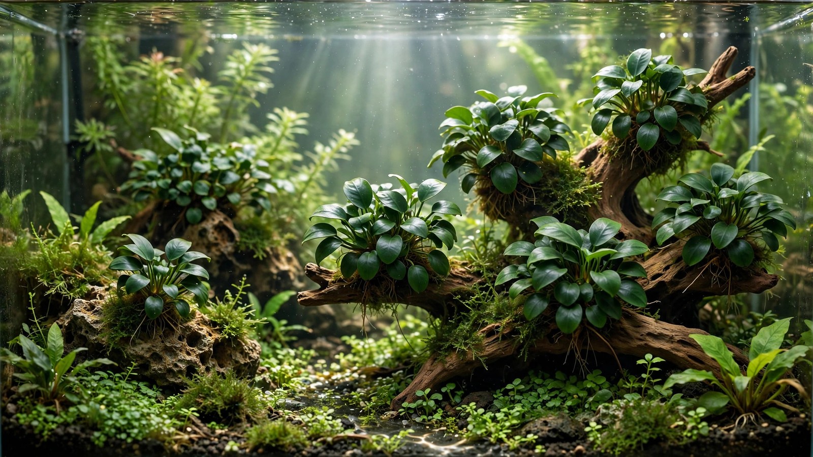 Anubias nana Petite with tiny dark-green leaves attached to driftwood in a nano tank