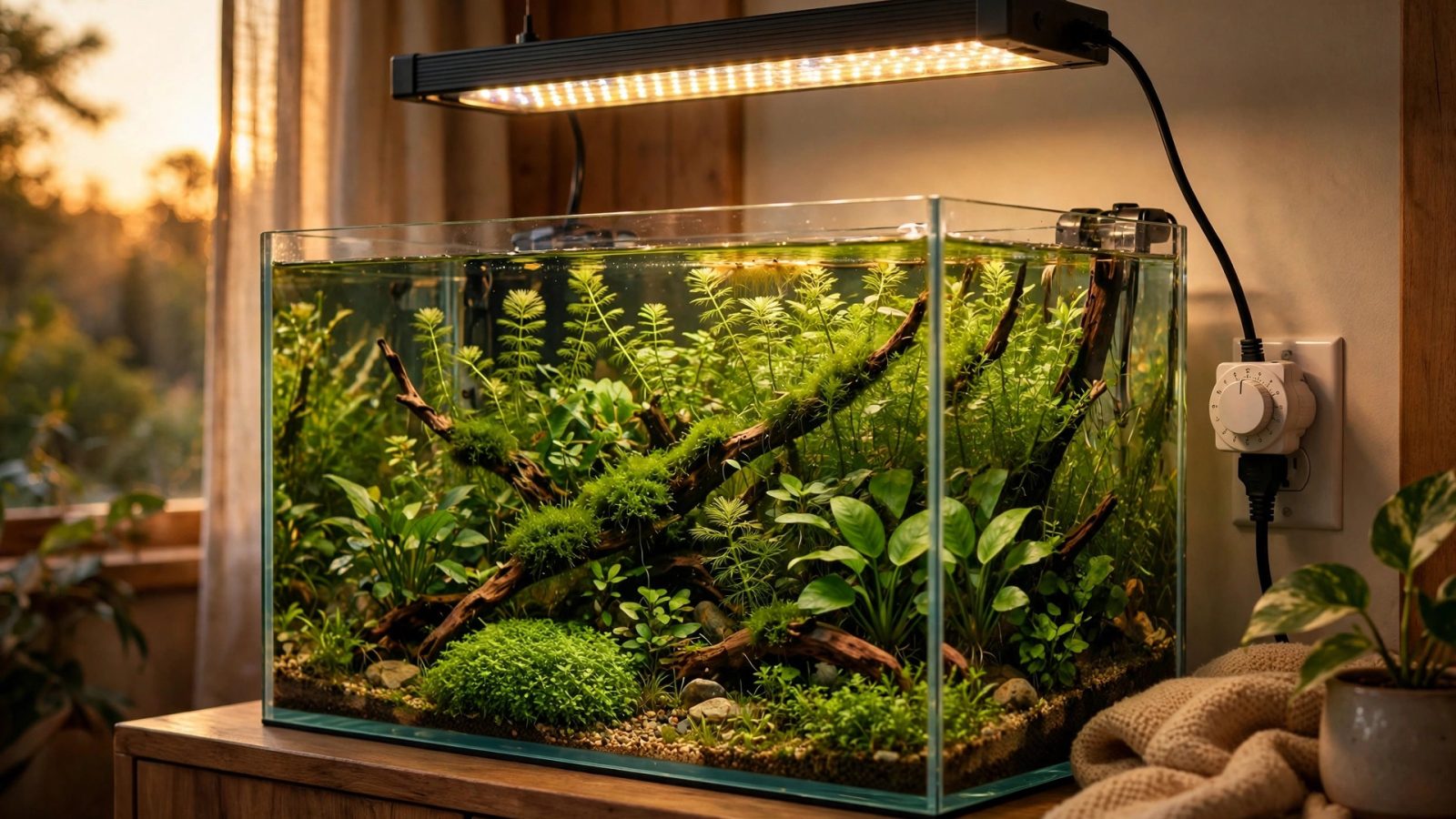 Planted aquarium glowing warmly under an LED light bar with a timer plug nearby