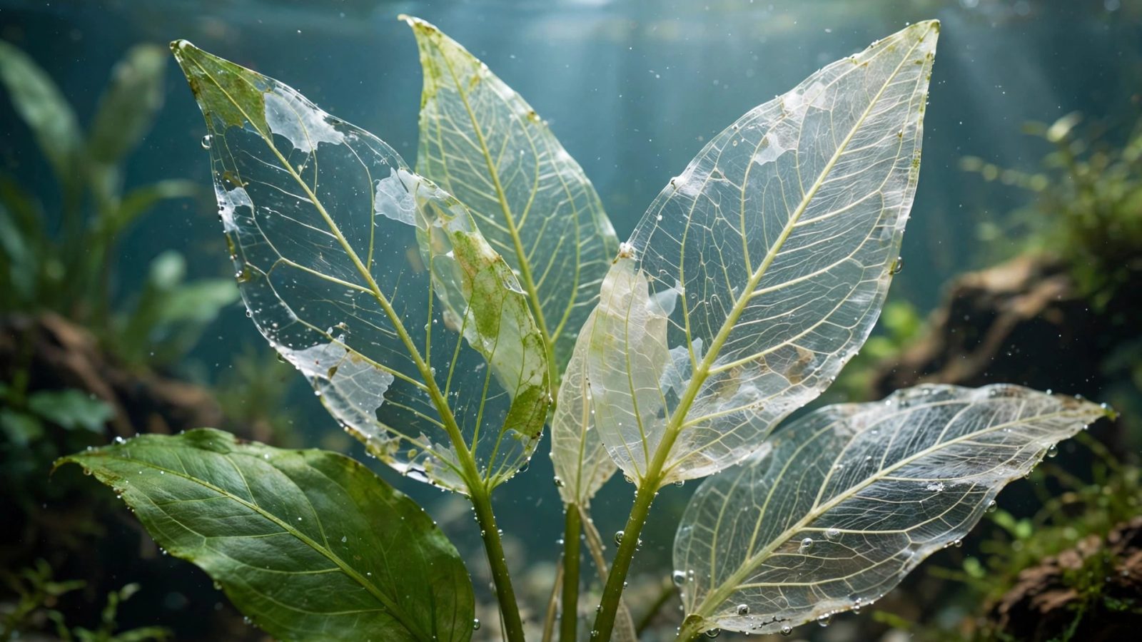 Translucent glassy aquarium plant leaves with visible veins turning transparent
