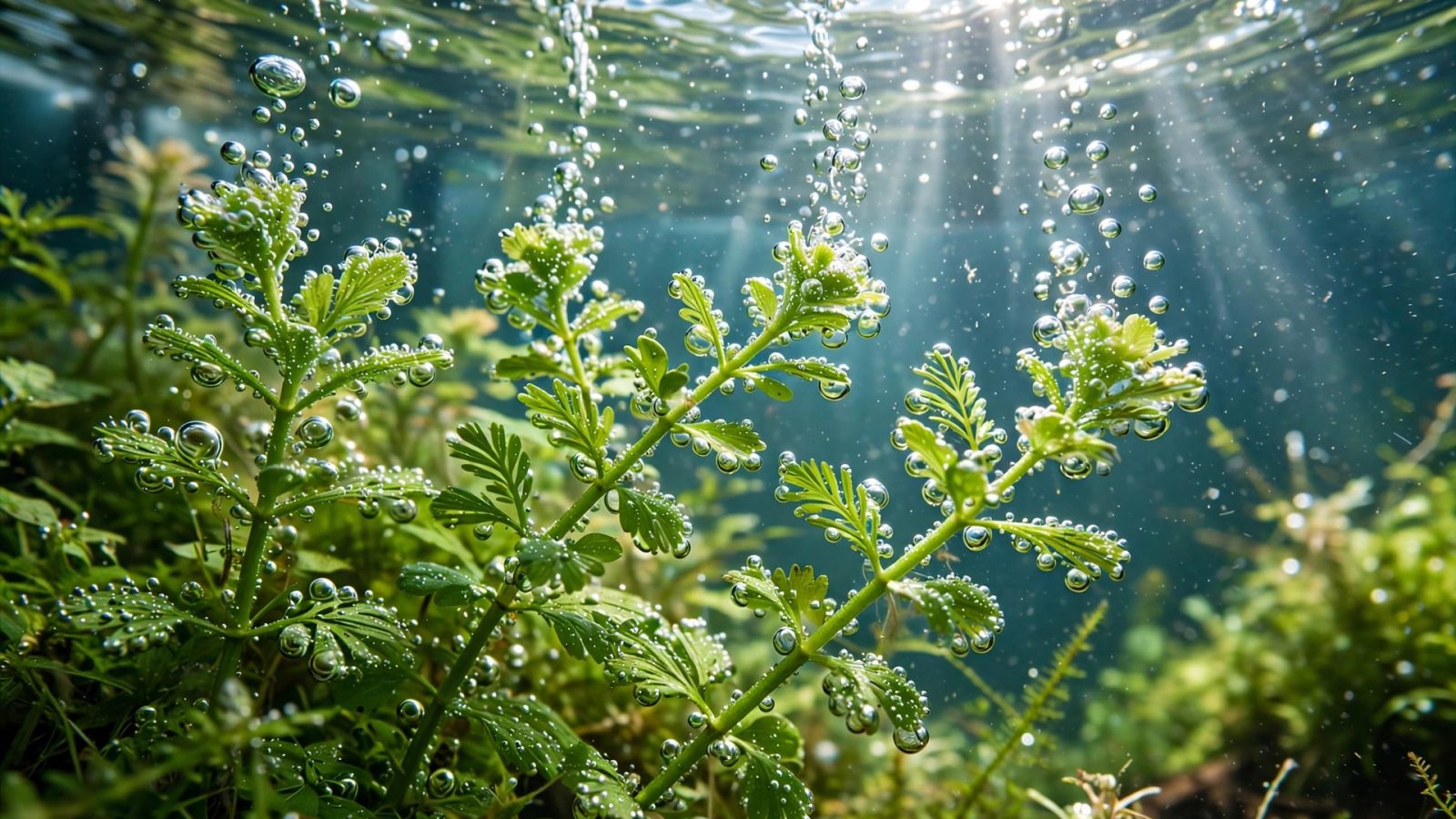 Macro of green aquarium leaves covered in tiny rising oxygen bubbles