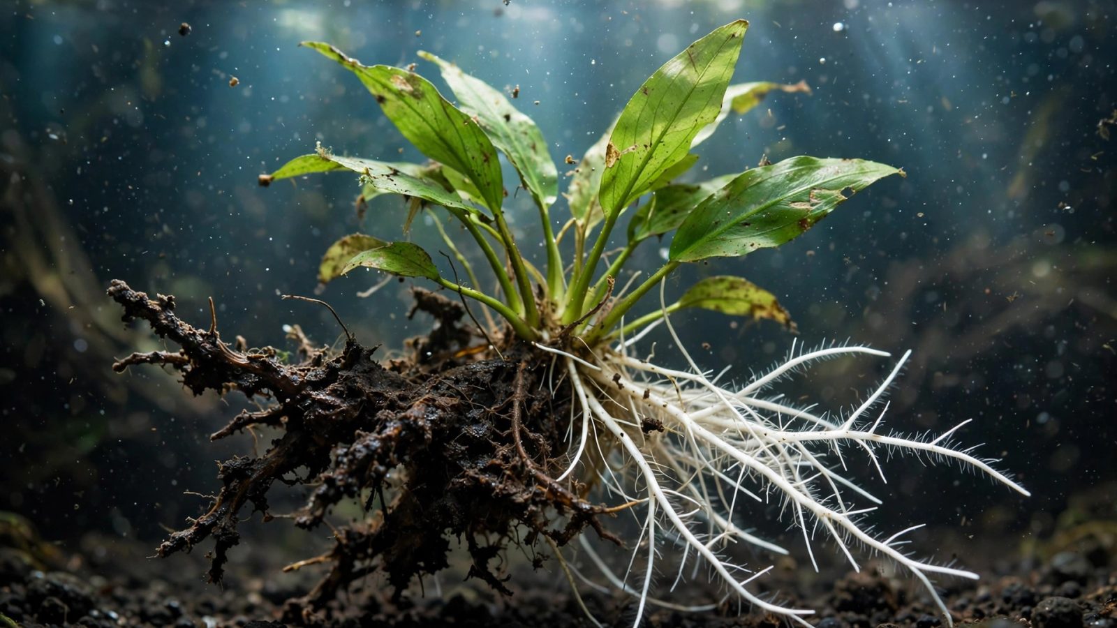 Uprooted aquarium plant showing dark rotting roots beside white healthy roots