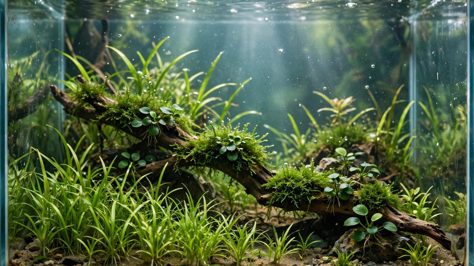 Small nano aquarium scaped with anubias nana petite and dwarf sagittaria