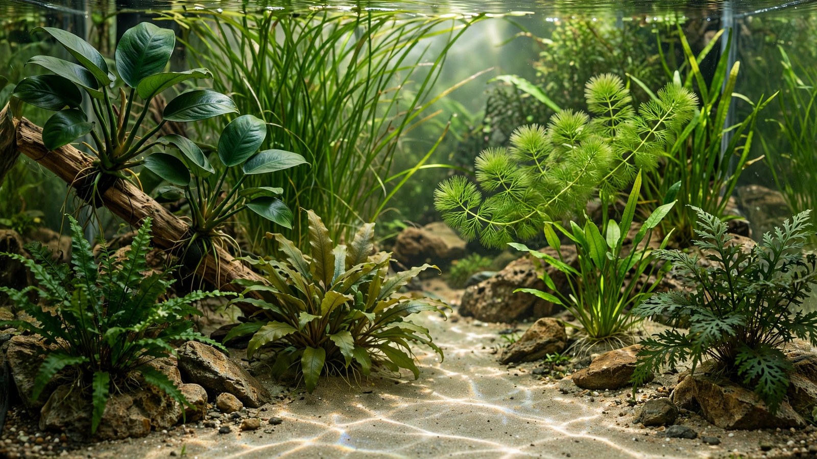 African cichlid tank with anubias and java fern growing on rockwork