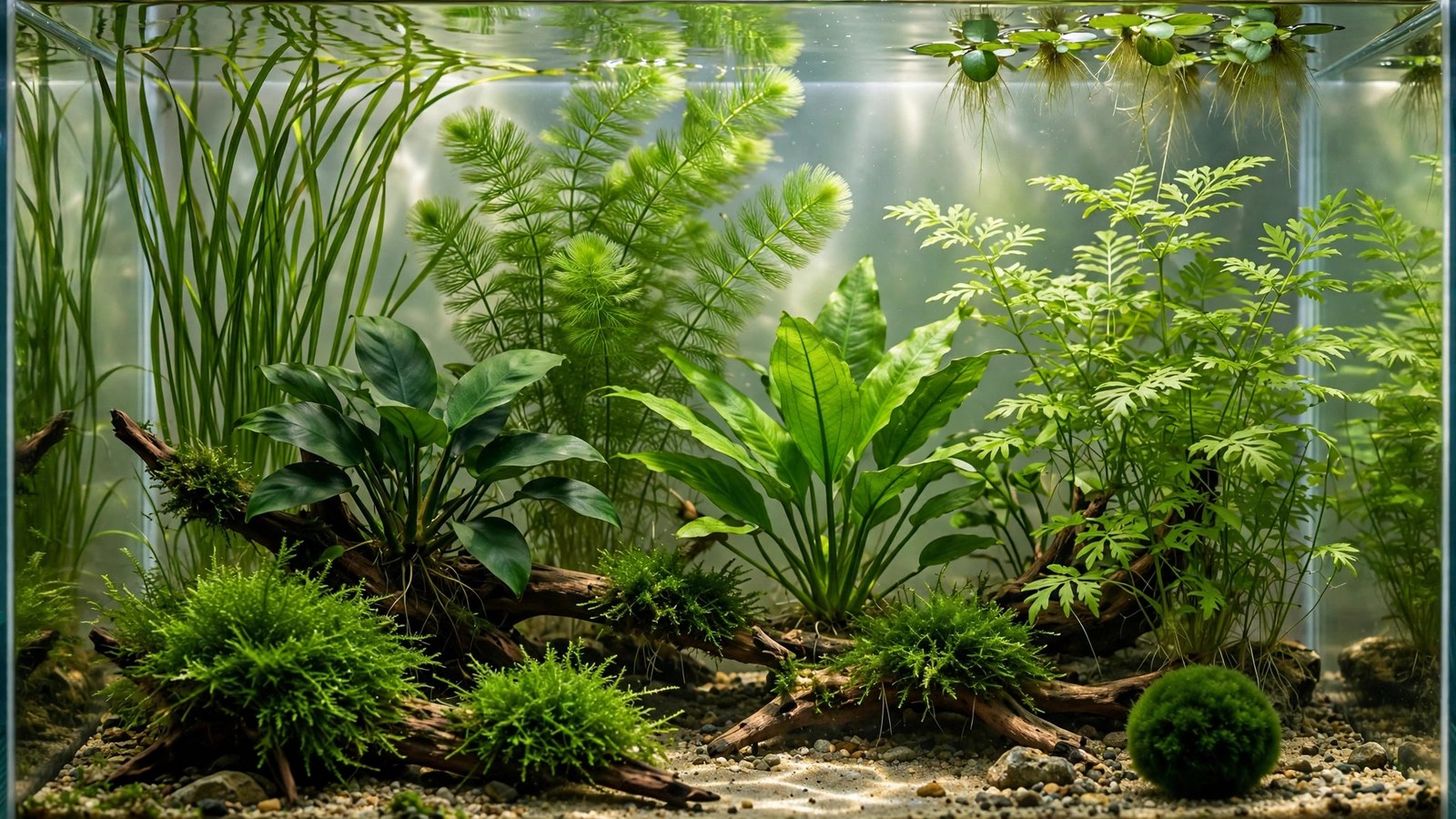 Axolotl resting among anubias and java fern in a dim cold-water planted tank