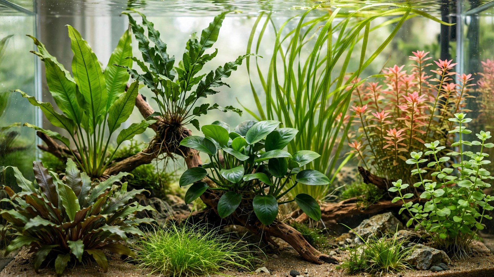 Discus fish swimming among Amazon swords and driftwood in a warm planted tank