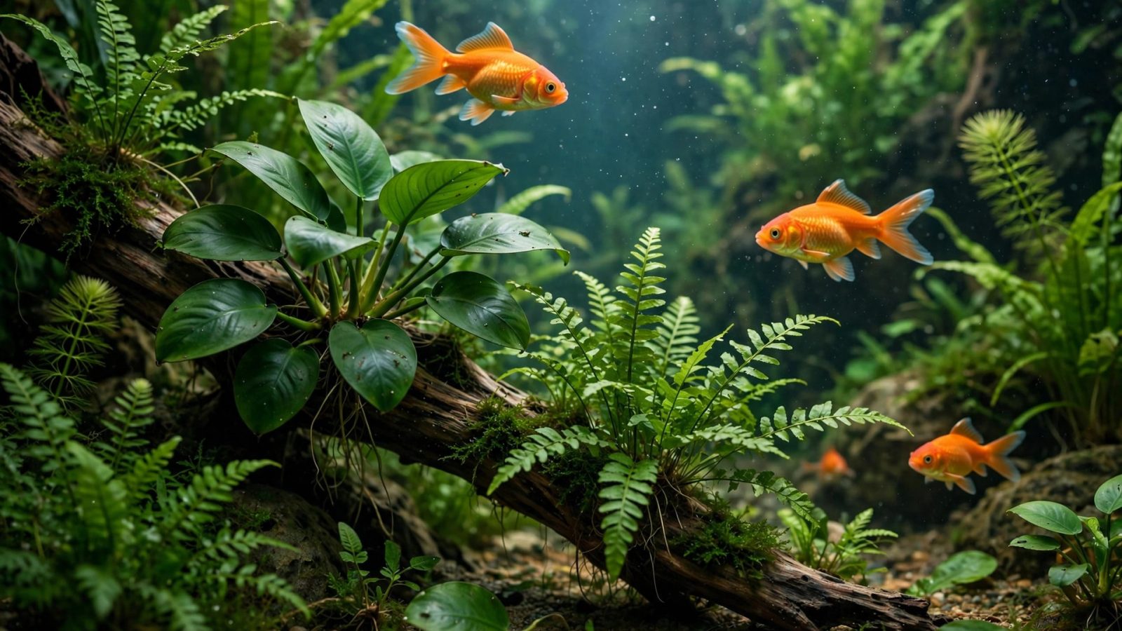 Hardy anubias and java fern on driftwood in a goldfish aquarium with orange goldfish