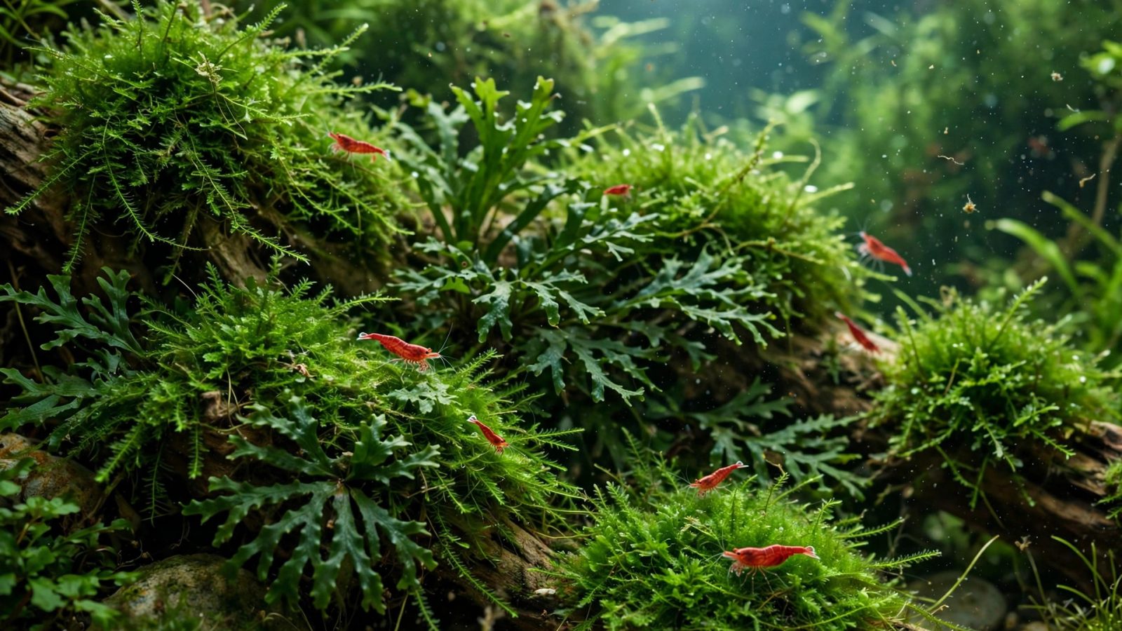 Dense java moss with tiny cherry shrimp grazing on the leaves