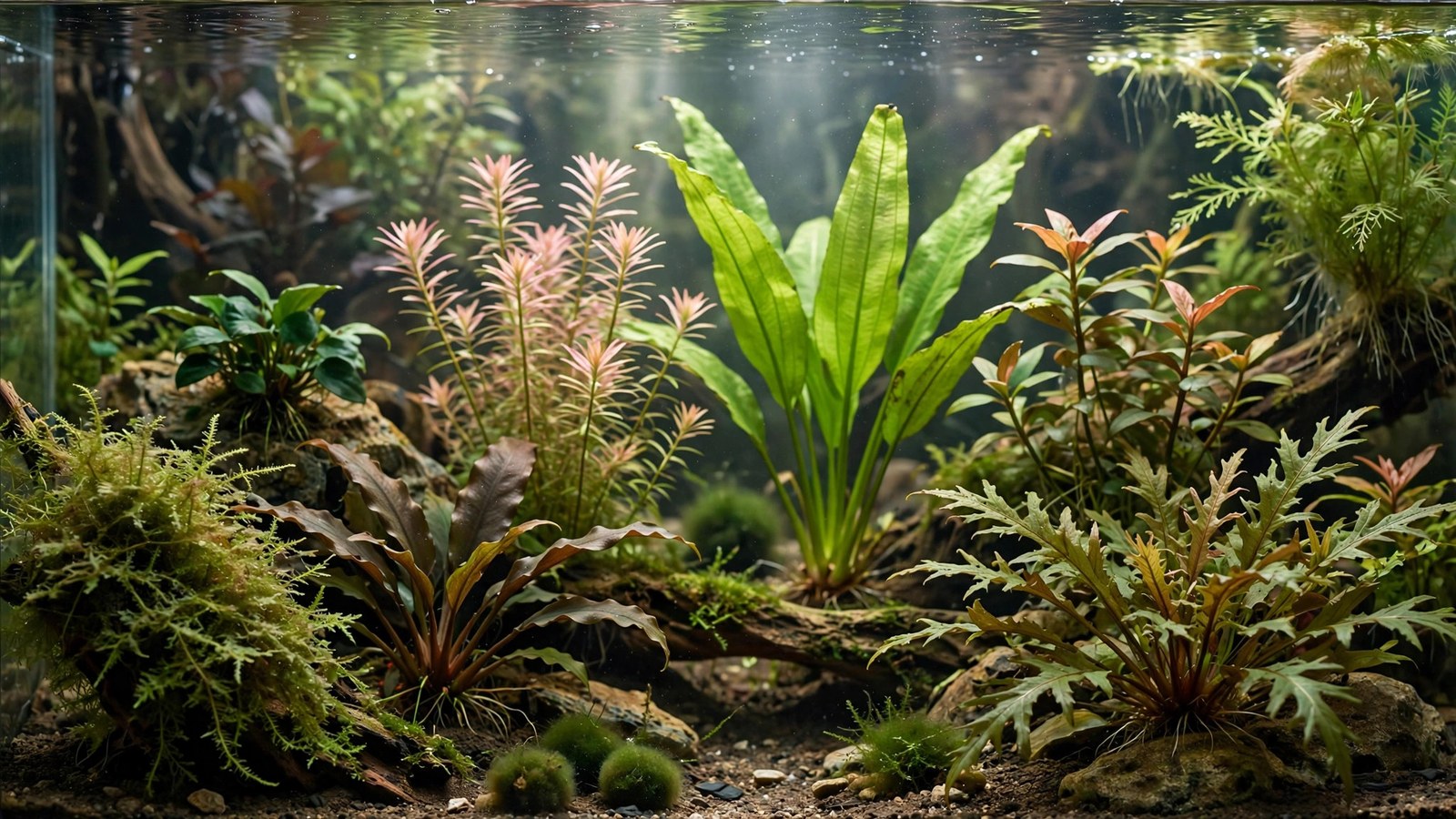 Red rotala stems glowing in a soft-water planted aquascape