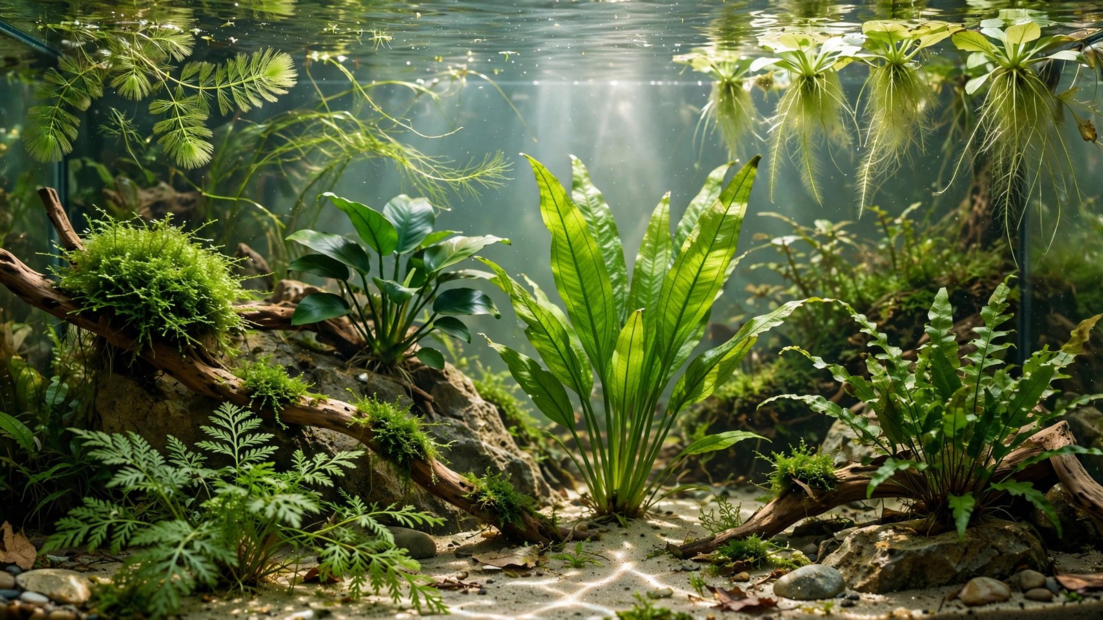Planted turtle tank with anubias on driftwood and floating hornwort at the surface