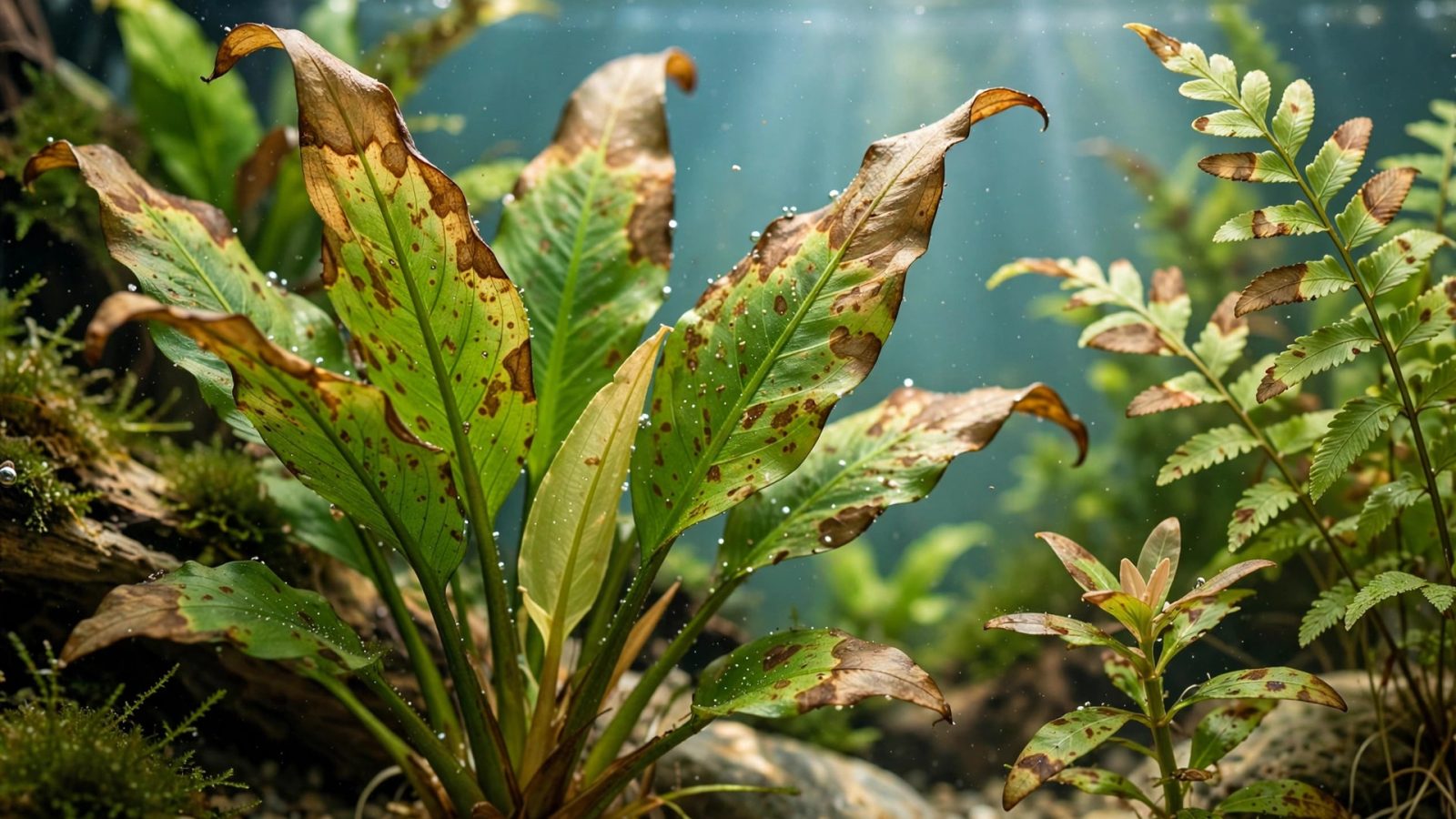 Close-up of aquarium plant leaves with brown patches and browning tips