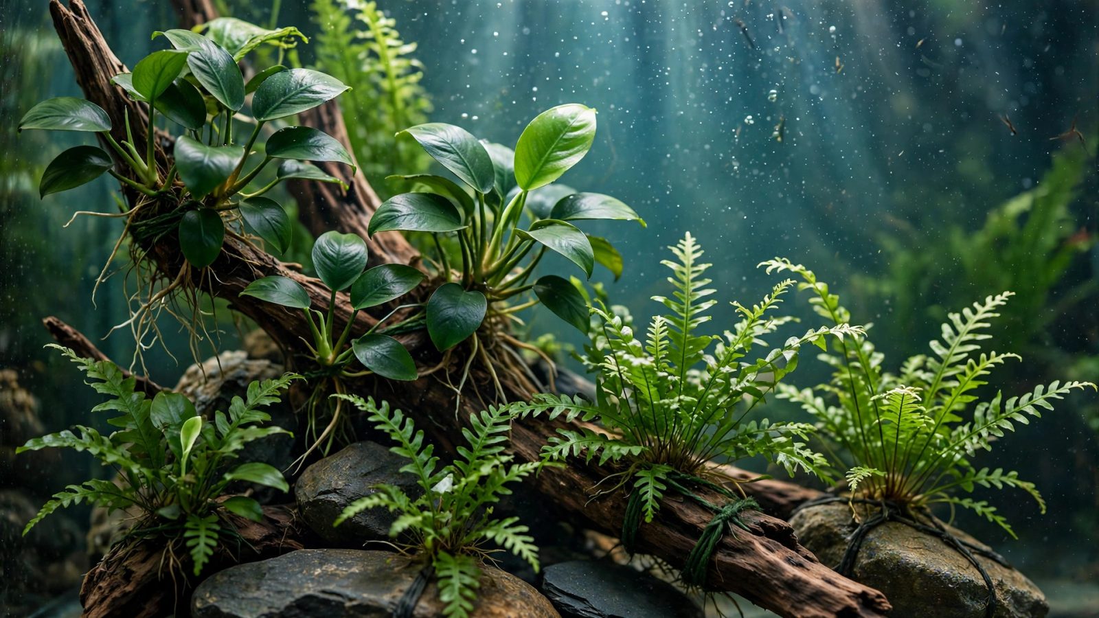 Anubias and java fern rhizomes tied to driftwood and rocks in a substrate-free aquarium