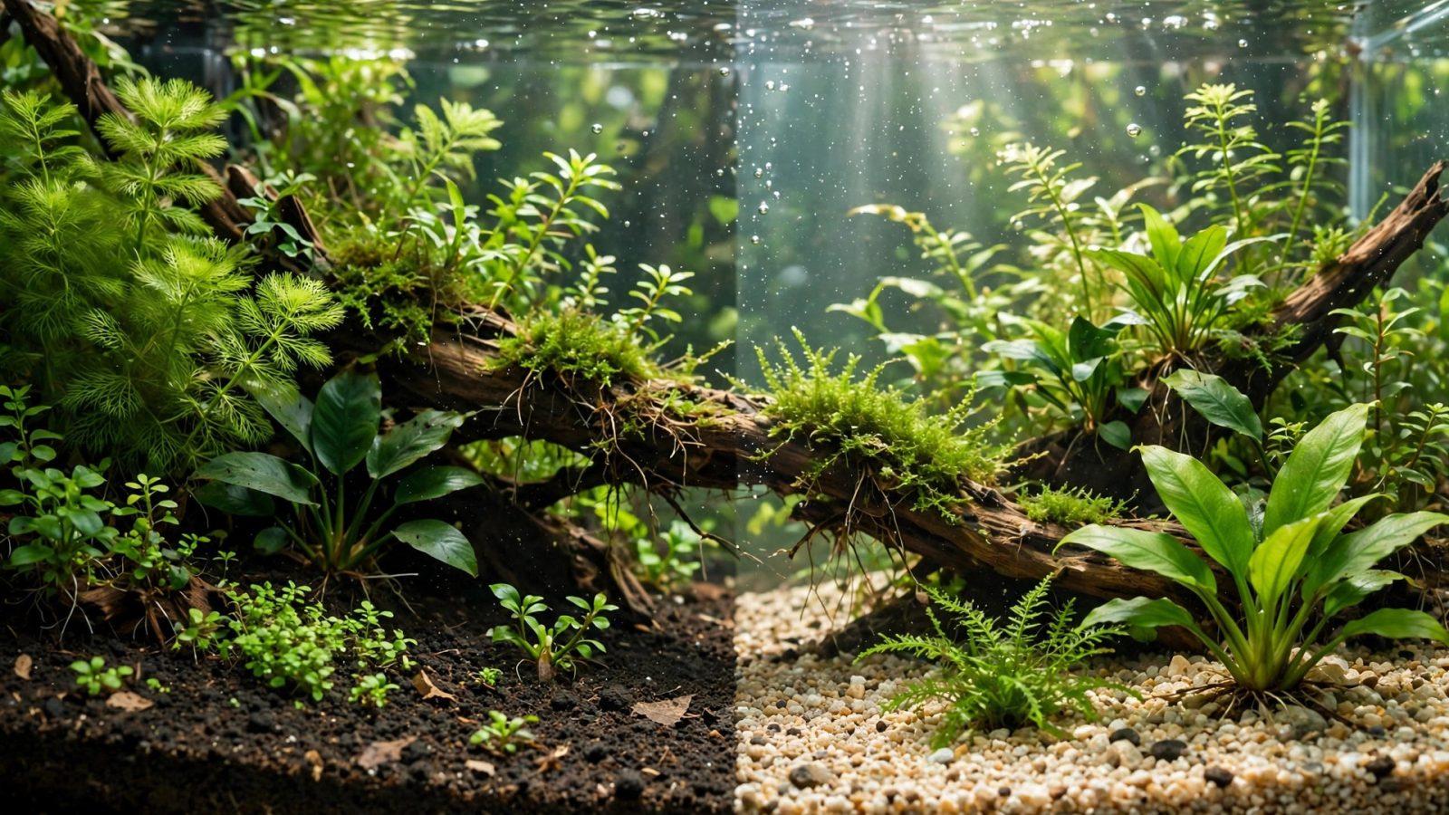 Planted aquarium split between dark aquasoil and light gravel with lush green plants