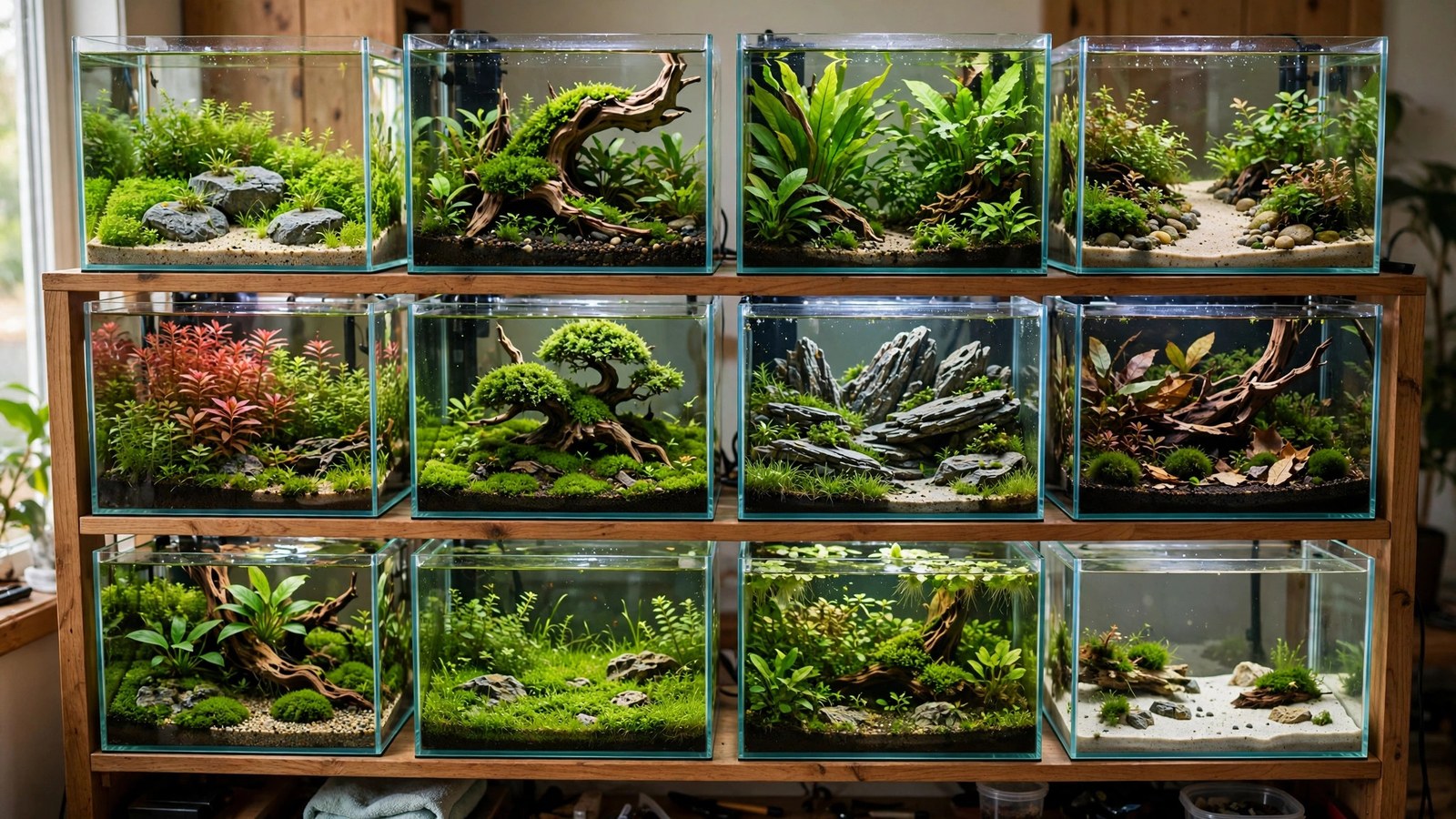 Lush 10-gallon aquascape with moss tree driftwood, carpet, and ember tetras