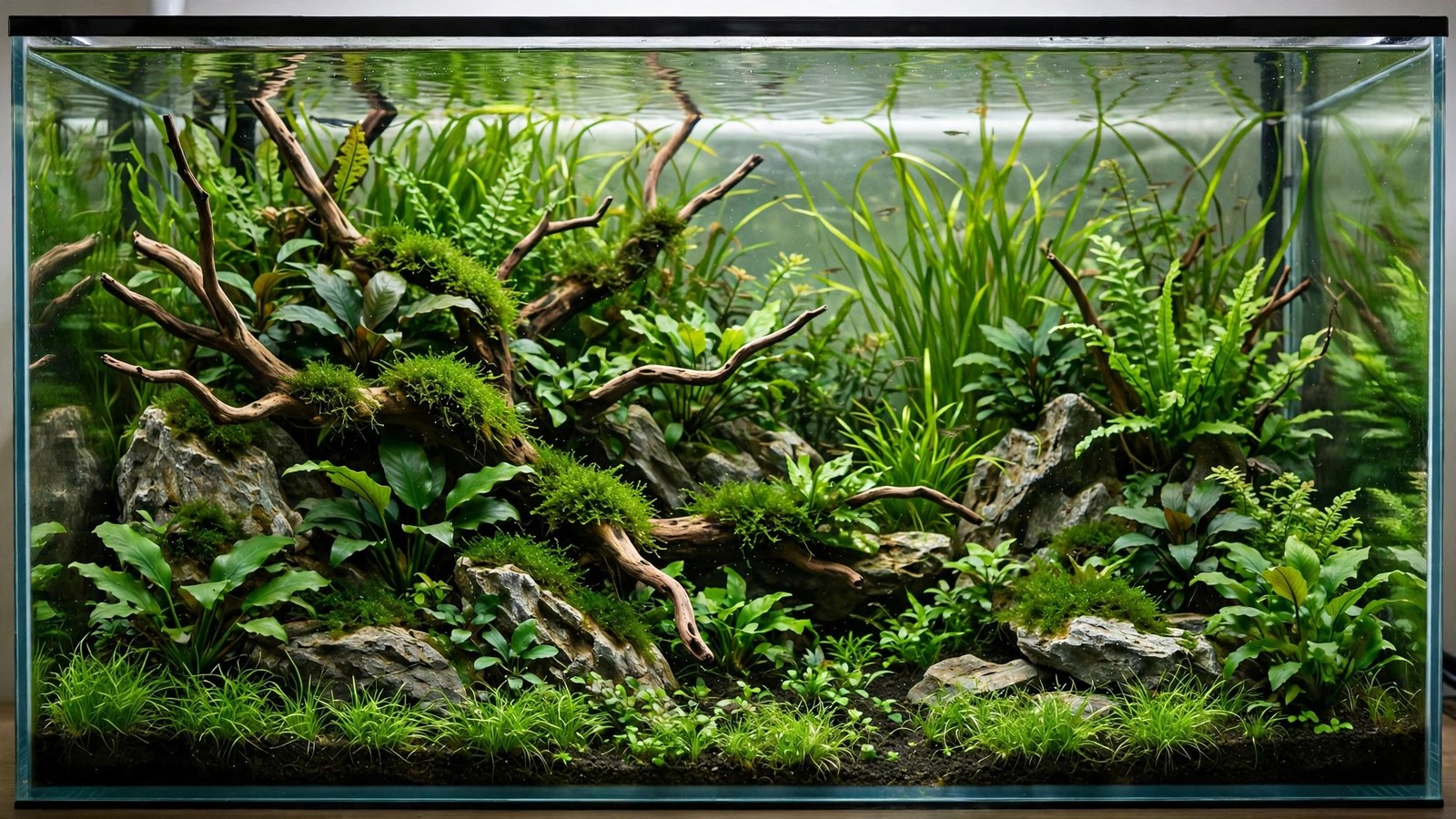Panoramic 20-gallon long aquascape with valley layout, schooling tetras, and carpeted floor