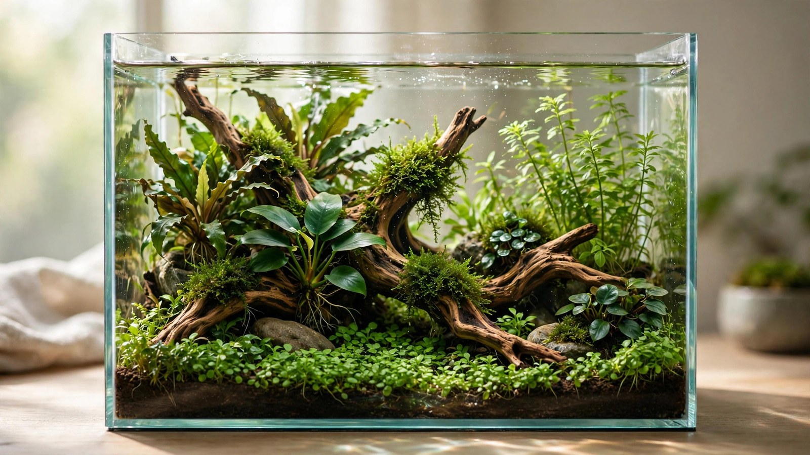 Nano 5-gallon aquascape with twig tree driftwood, moss, carpet, and chili rasboras