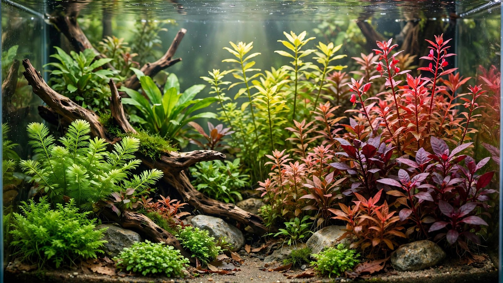 Aquascape with vivid red rotala accent against varied green plants demonstrating color theory
