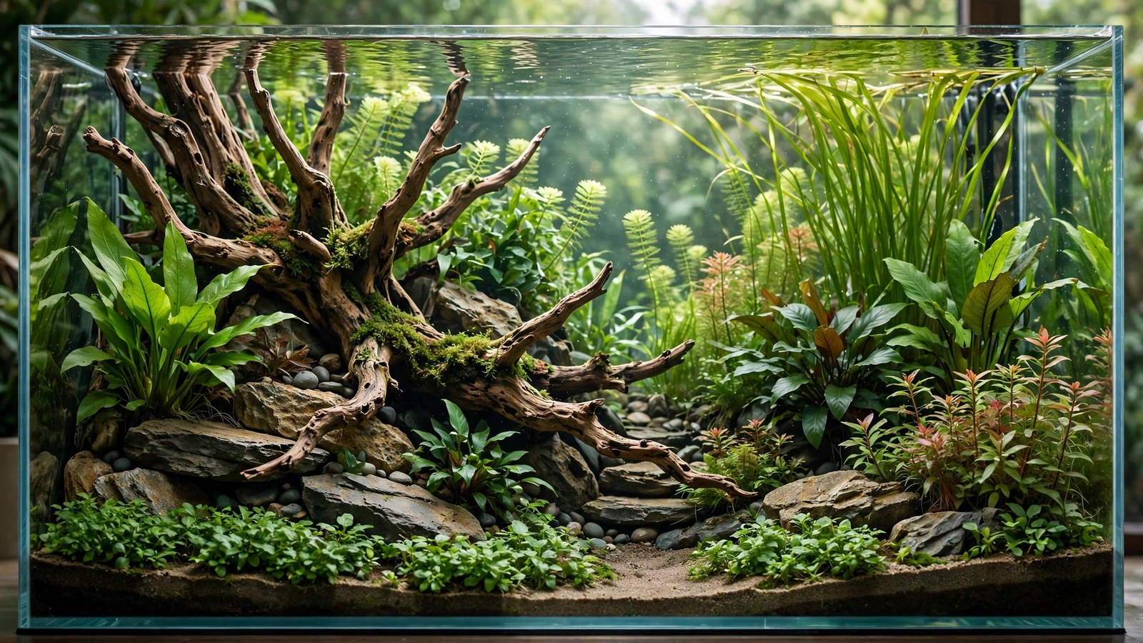 Large 120-gallon aquascape with boulder hardscape, valley layout, and a big cardinal tetra school