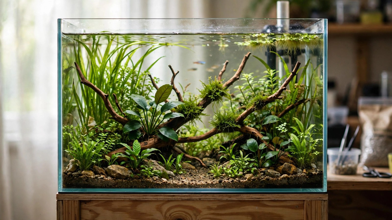 Beautiful budget aquascape with found driftwood, dirted substrate, and lush low-tech plants