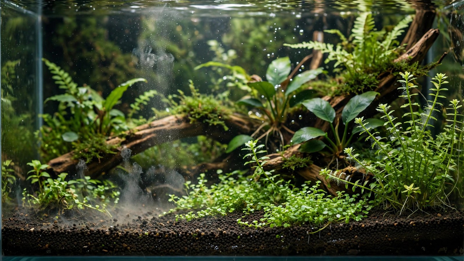 Aquarium water test kit showing ammonia reading beside a newly set up aquasoil tank