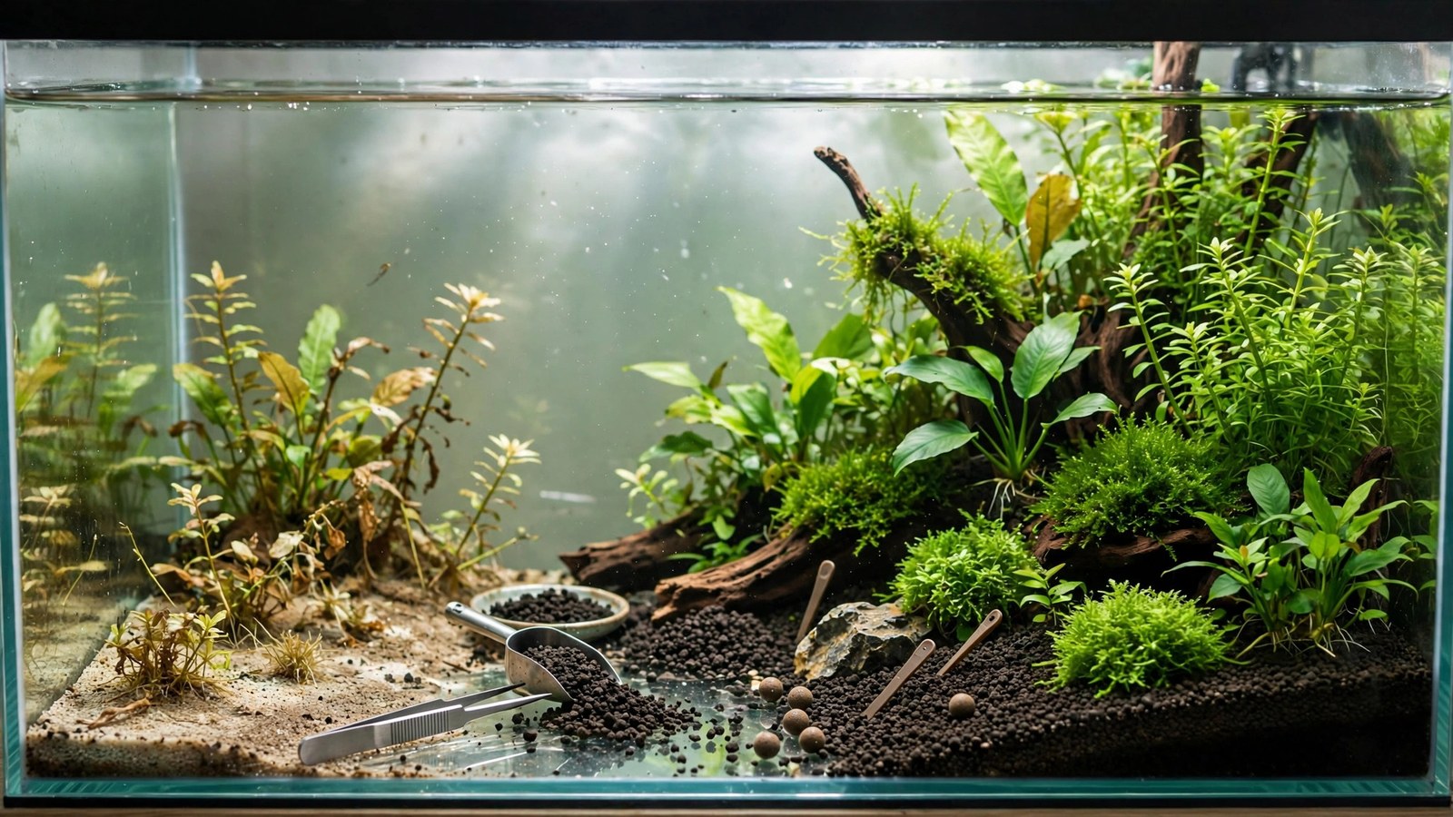 Close-up of aged aquasoil granules breaking down in a planted aquarium substrate bed