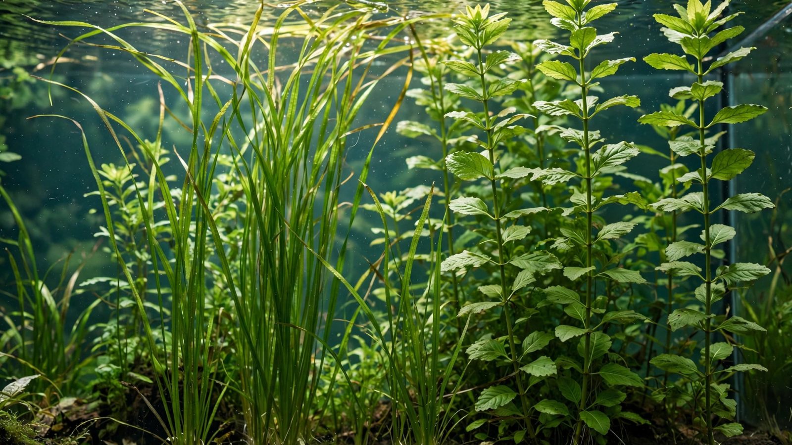 Tall vallisneria and hygrophila stems rising in a tall aquarium