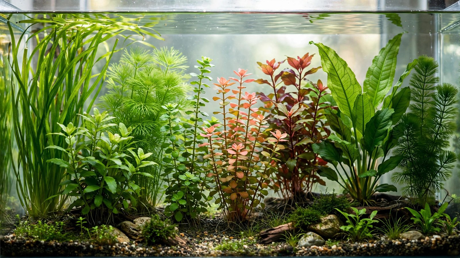 Shallow aquascape with layered crypt and rotala background plants in proportion