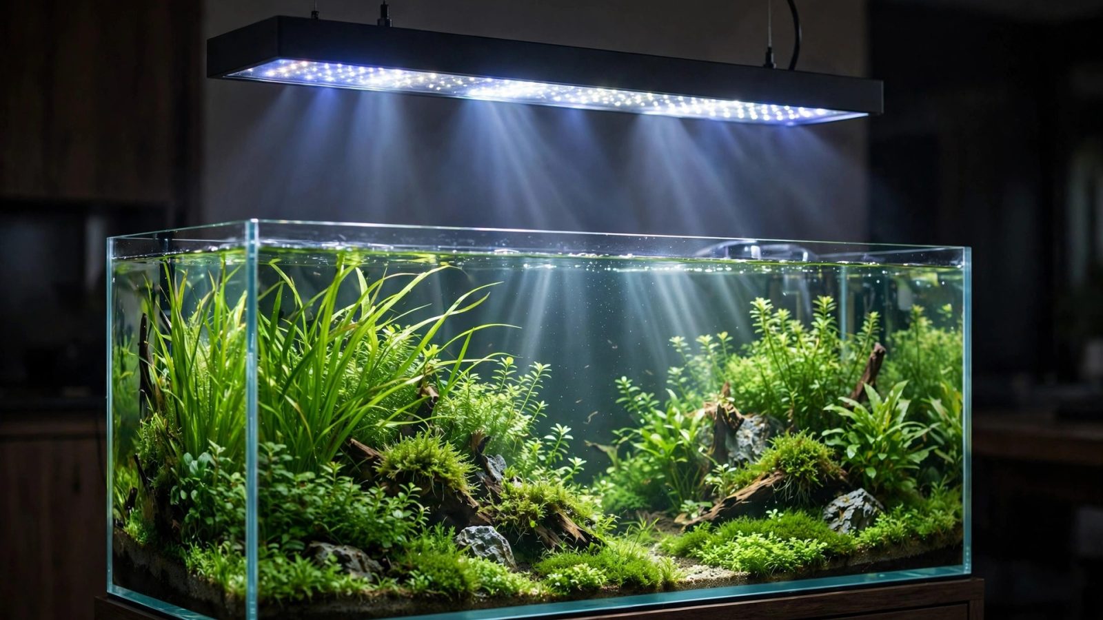 Modern LED aquarium light fixture glowing above a vibrant planted tank