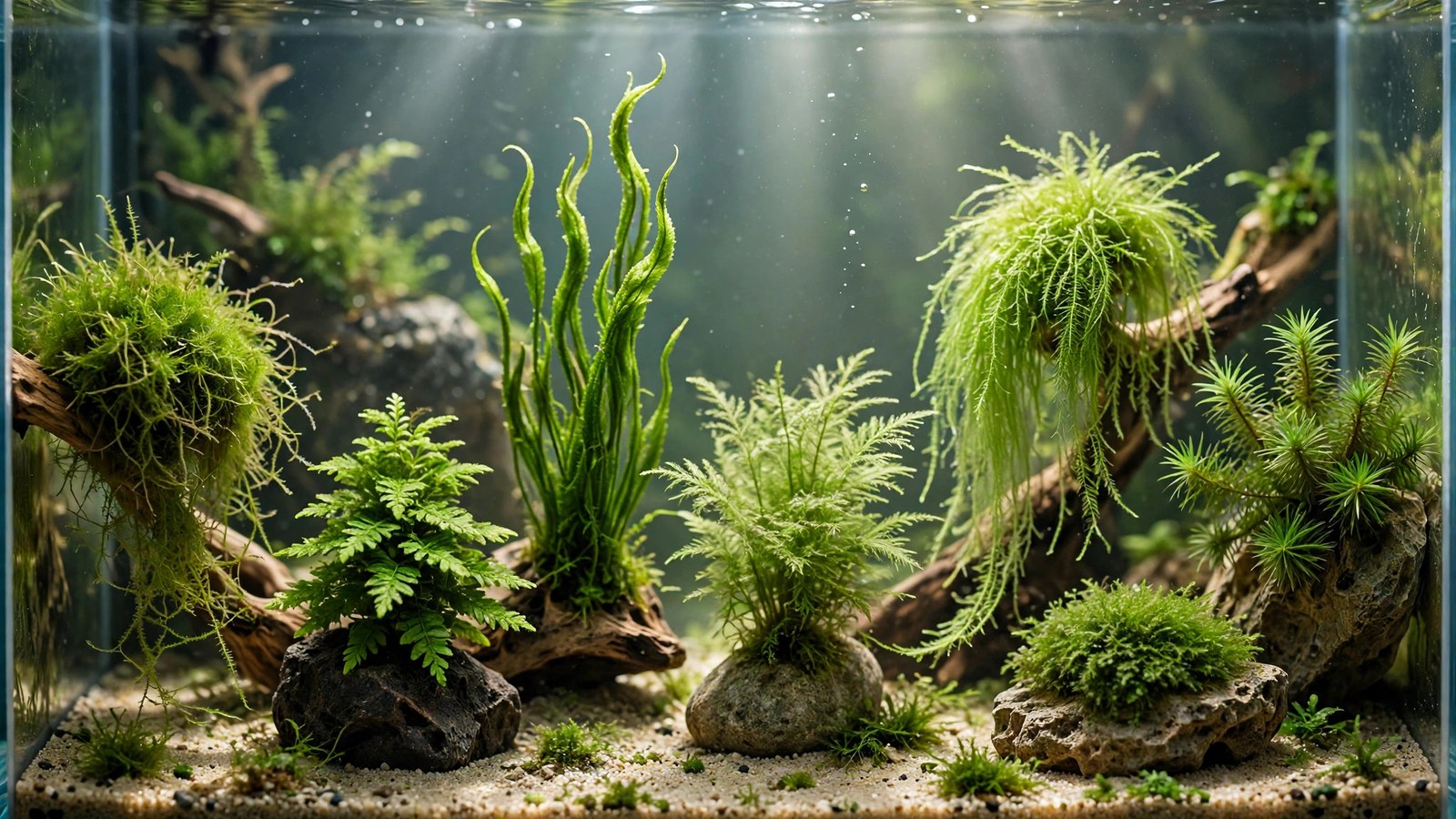 Driftwood branches covered in green Christmas moss and weeping moss in an aquascape