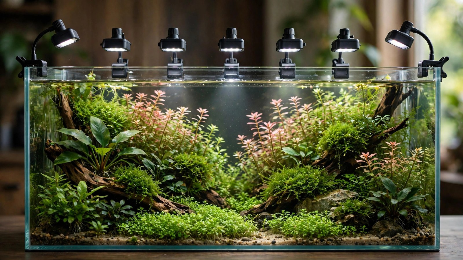 Slim clip-on LED light mounted on a rimless nano planted tank