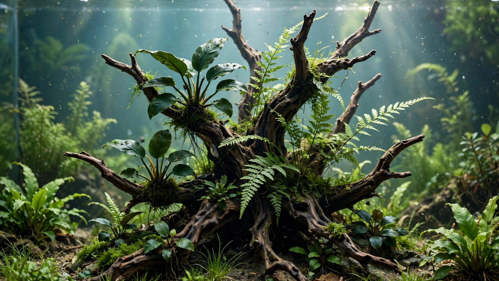 Aquascape with branching driftwood covered in anubias and java fern