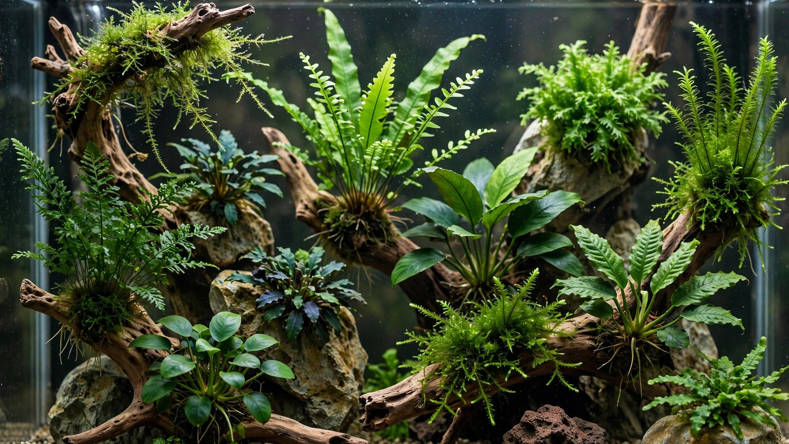 Anubias and java fern attached to driftwood in a planted aquarium