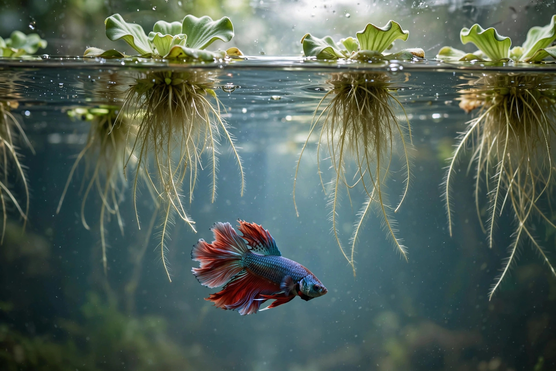 Betta fish swimming among floating aquarium plants at the water surface