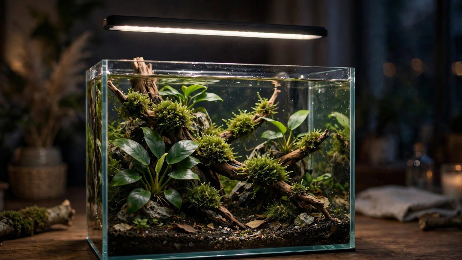 Slim LED light bar glowing softly over a low-tech planted nano tank