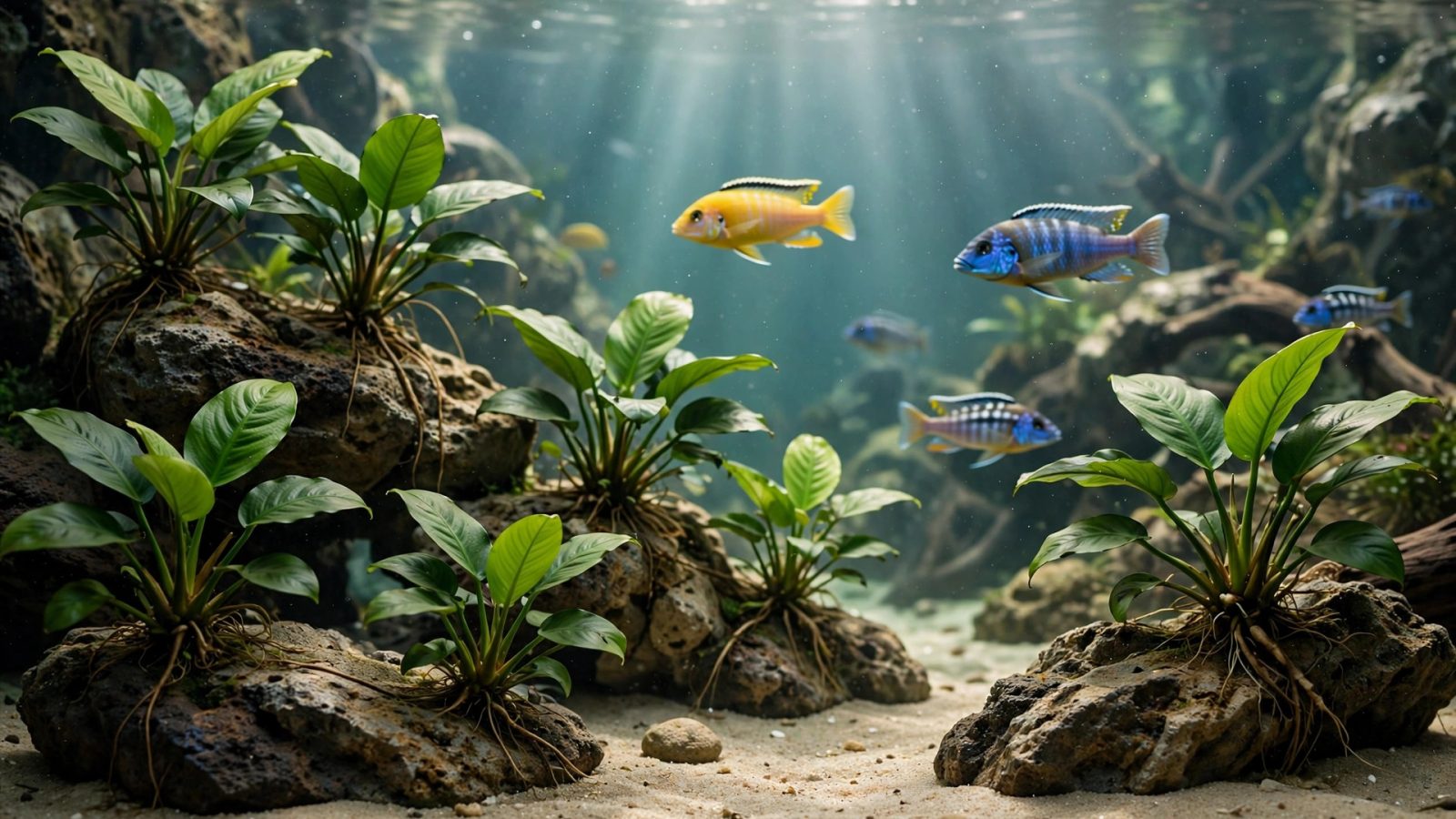 Aquarium with tough anubias on rocks and cichlids over sand