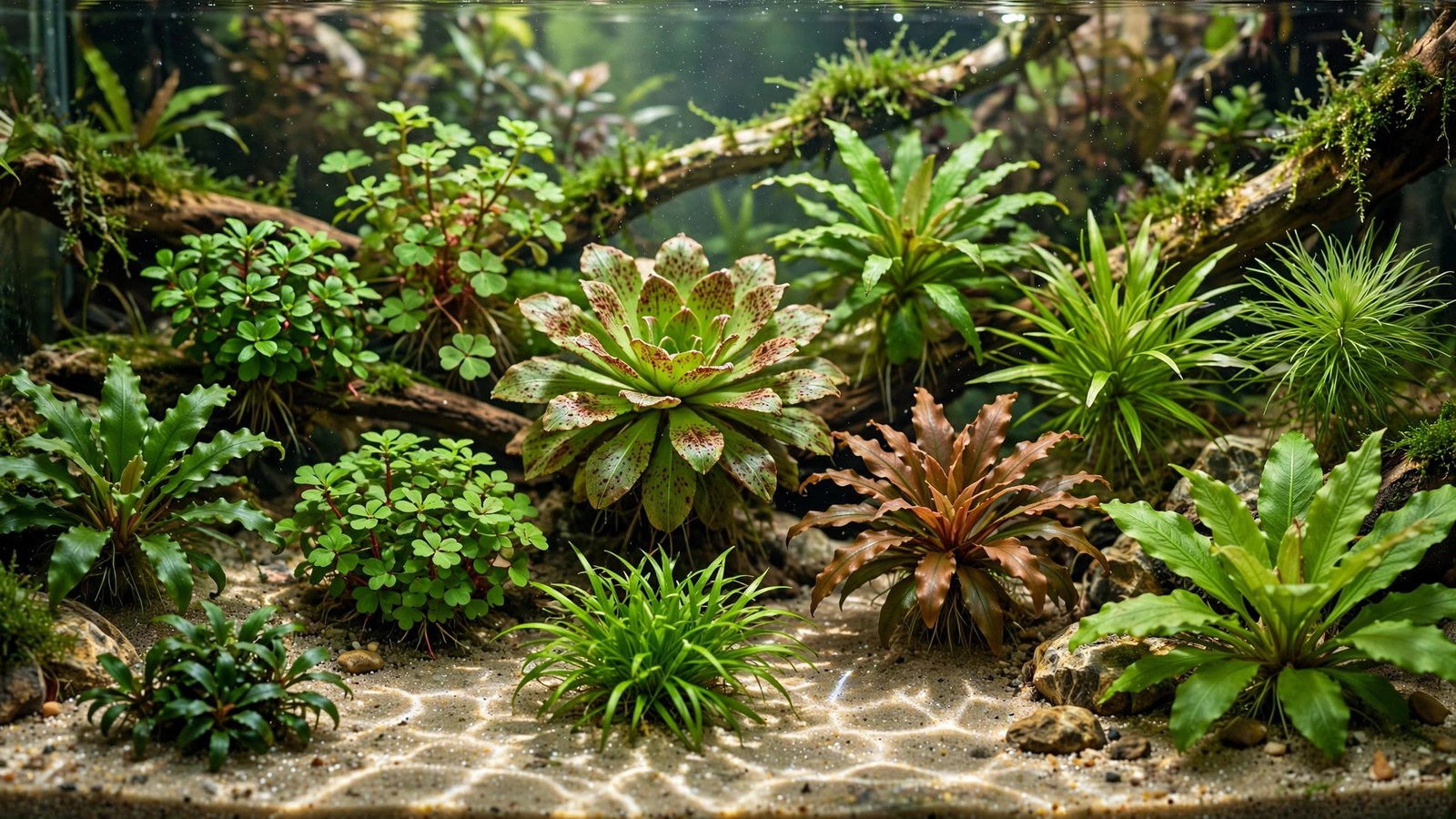 Large Amazon sword plant with radiating green leaves as aquarium centerpiece