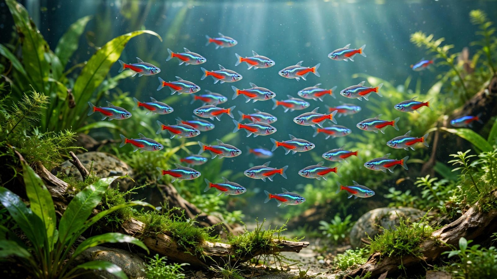 School of neon tetras swimming over green plants in a planted tank