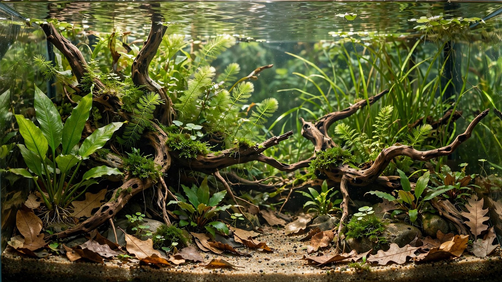 Rio Negro biotope aquascape with driftwood, leaf litter, cardinal tetras, and amber-tinted water