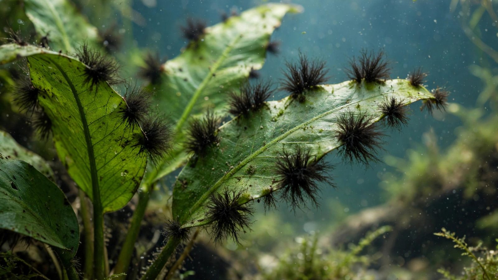 Dark tufts of black beard algae growing on green aquarium plant leaf edges