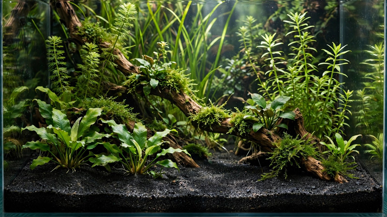 Planted aquarium with black blasting sand substrate making green plants stand out