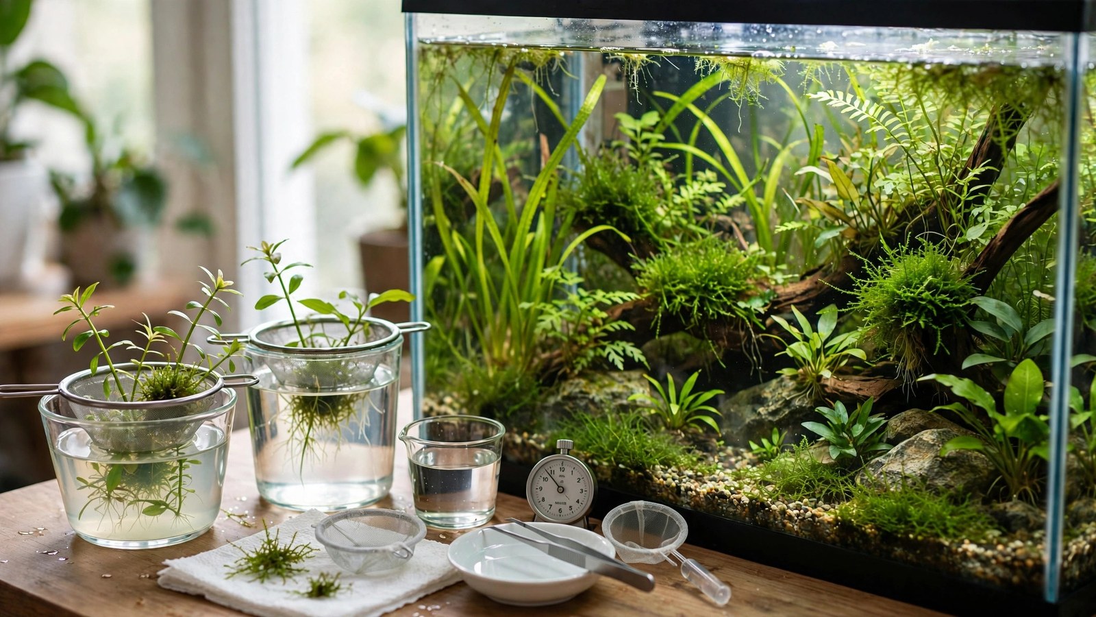 Aquarium plant in a bleach dip container with timer during treatment