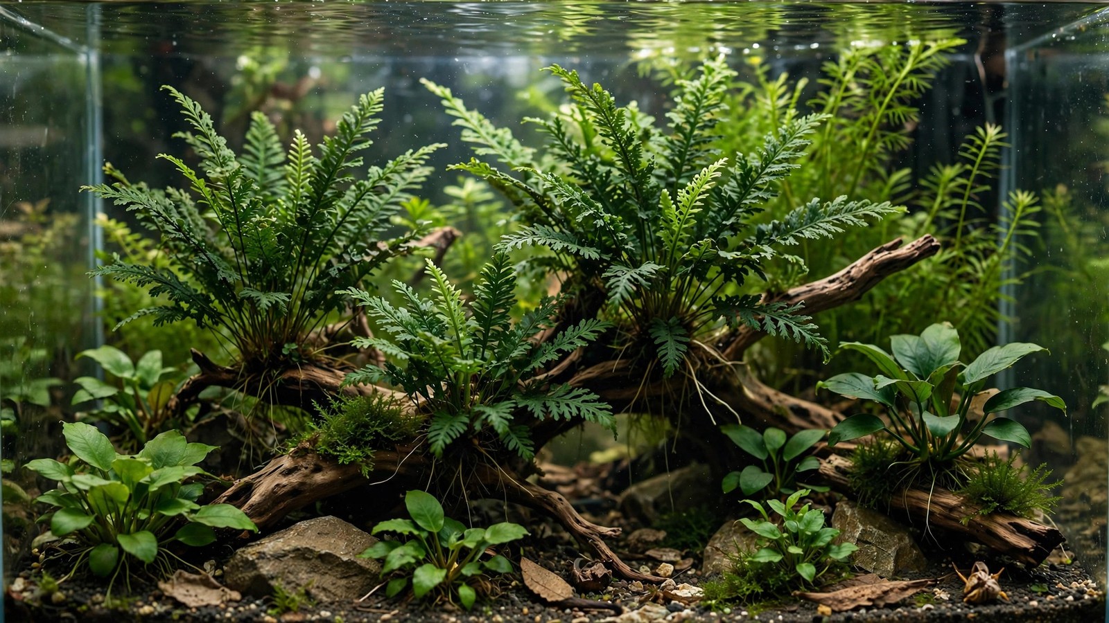 Bolbitis heudelotii African water fern with dark green fronds attached to driftwood