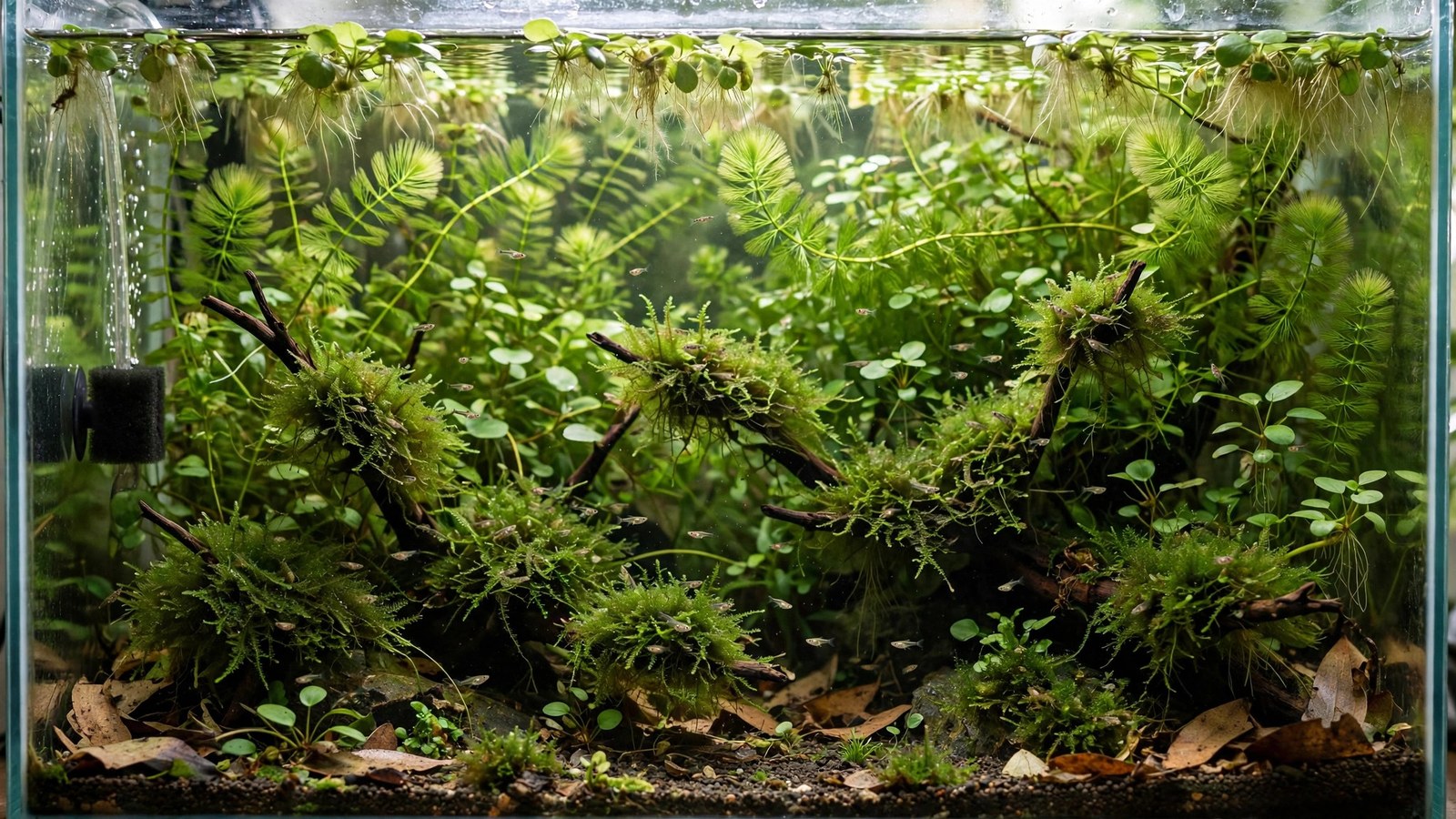 Guppy fry sheltering in dense guppy grass in a planted breeding tank