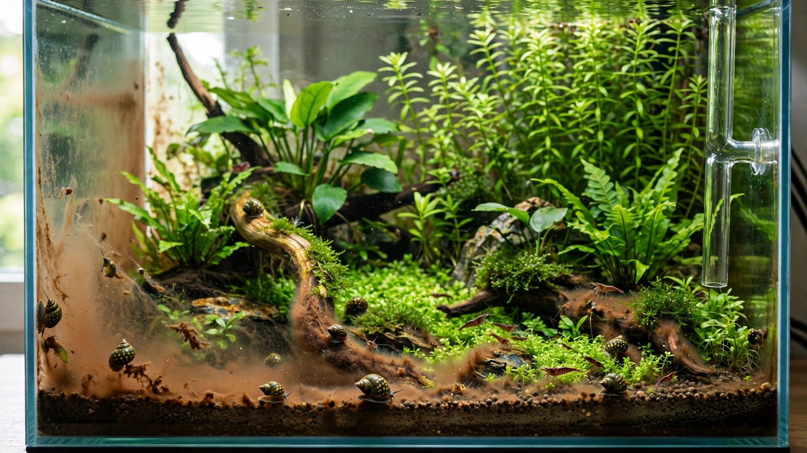 New aquarium with brown diatom algae dusting the glass and substrate