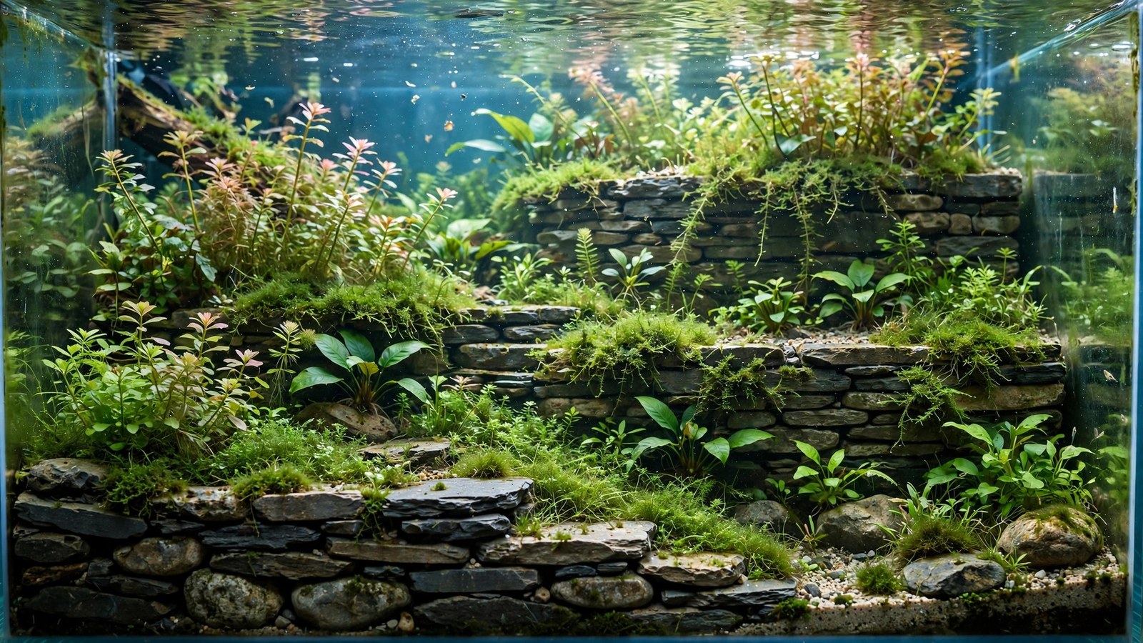 Terraced aquascape with stone retaining walls holding elevated planted levels